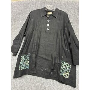 Vintage Blue Fish Barclay Black 100% Linen Artisan Abalone Tunic Boho Top Lare